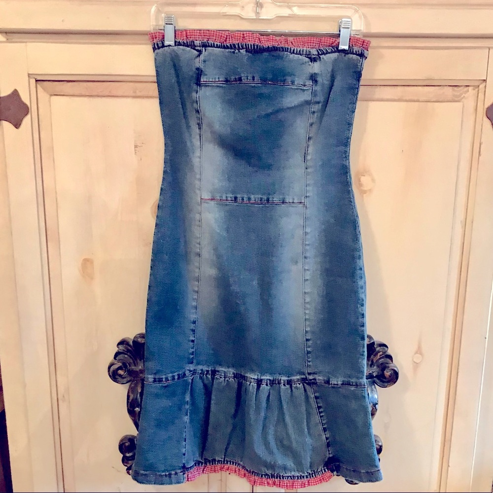 Jean dress with red gingham trim